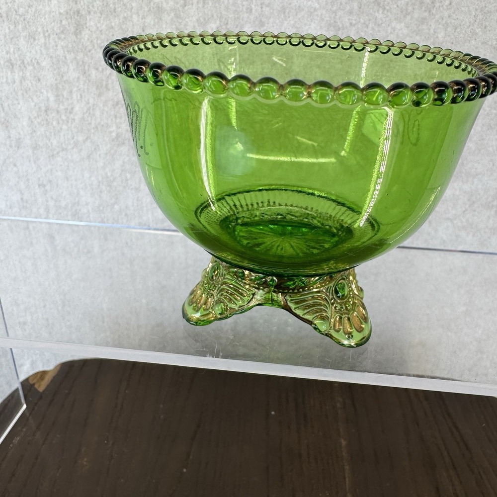 Antique EAPG Colorado green glass bowl Engraved Gold Accents 3.5"D